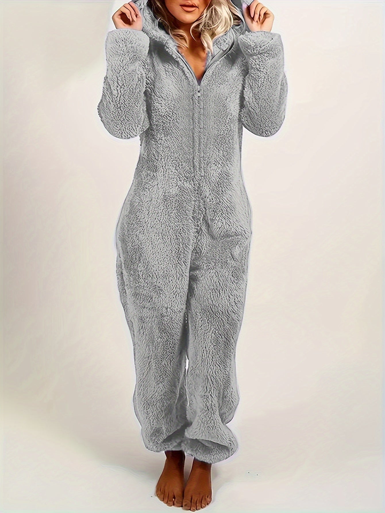 Women’s Fleece Pyjama Jumpsuit – Hooded Zip-Up Onesie