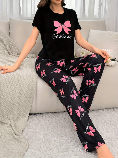 Women’s Bowknot Print Pyjamas – Short Sleeve Set