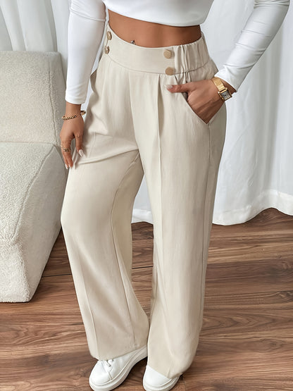 High-Waisted Wide Leg Tailored Trousers with Button Detail