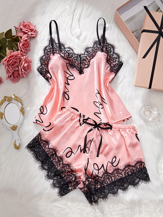 Women’s Satin Lace Pyjama Set – Cami Top & Shorts