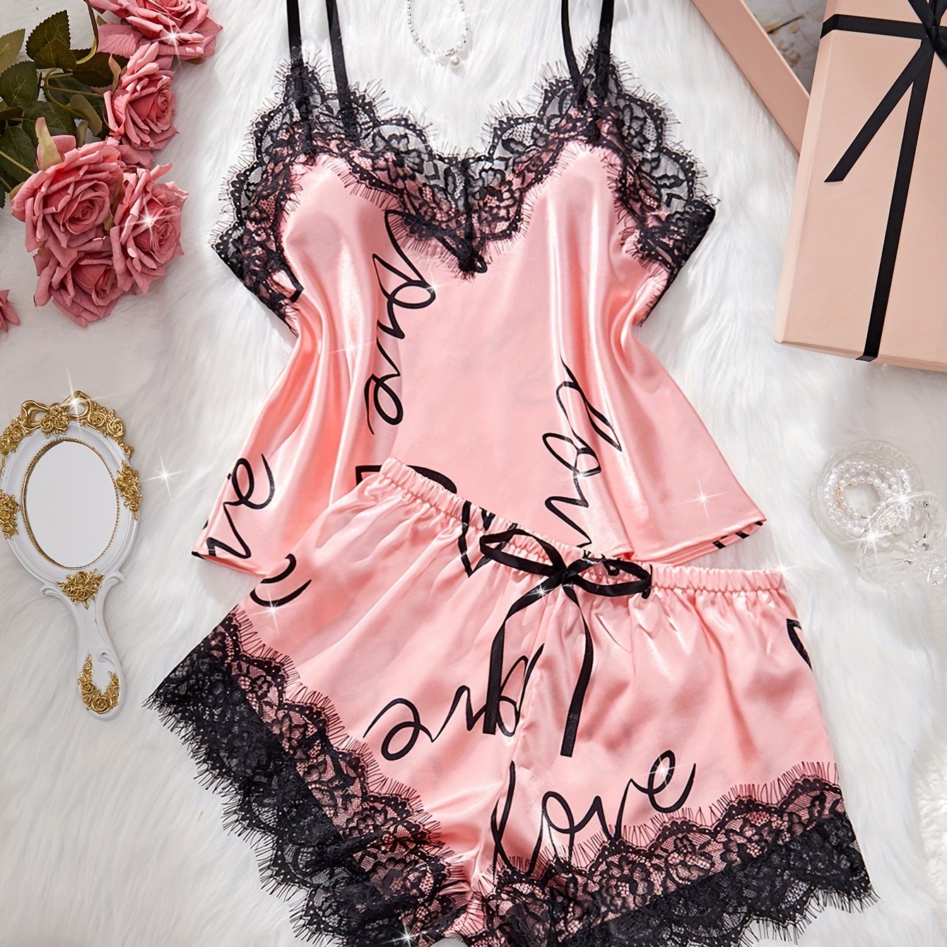 Women’s Satin Lace Pyjama Set – Cami Top & Shorts