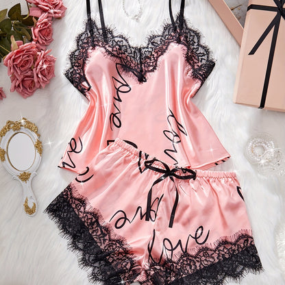 Women’s Satin Lace Pyjama Set – Cami Top & Shorts