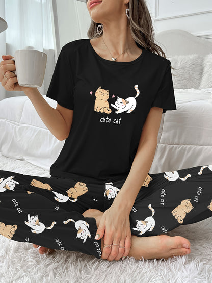 Women’s Cat Print Pyjamas – Short Sleeve Set