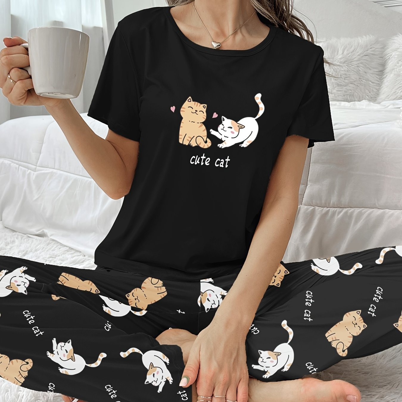 Women’s Cat Print Pyjamas – Short Sleeve Set