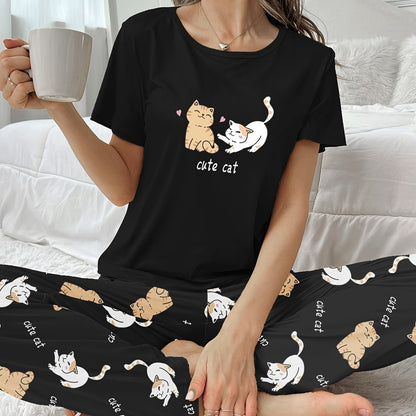 Women’s Cat Print Pyjamas – Short Sleeve Set