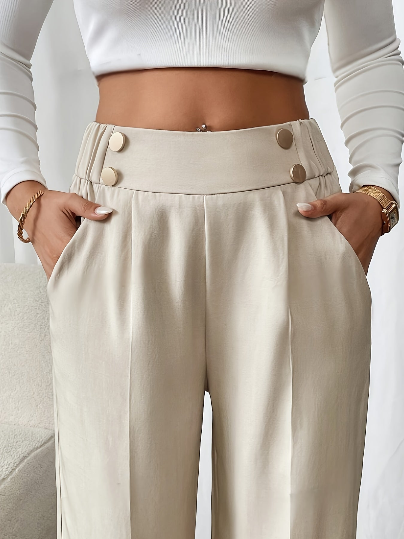 High-Waisted Wide Leg Tailored Trousers with Button Detail