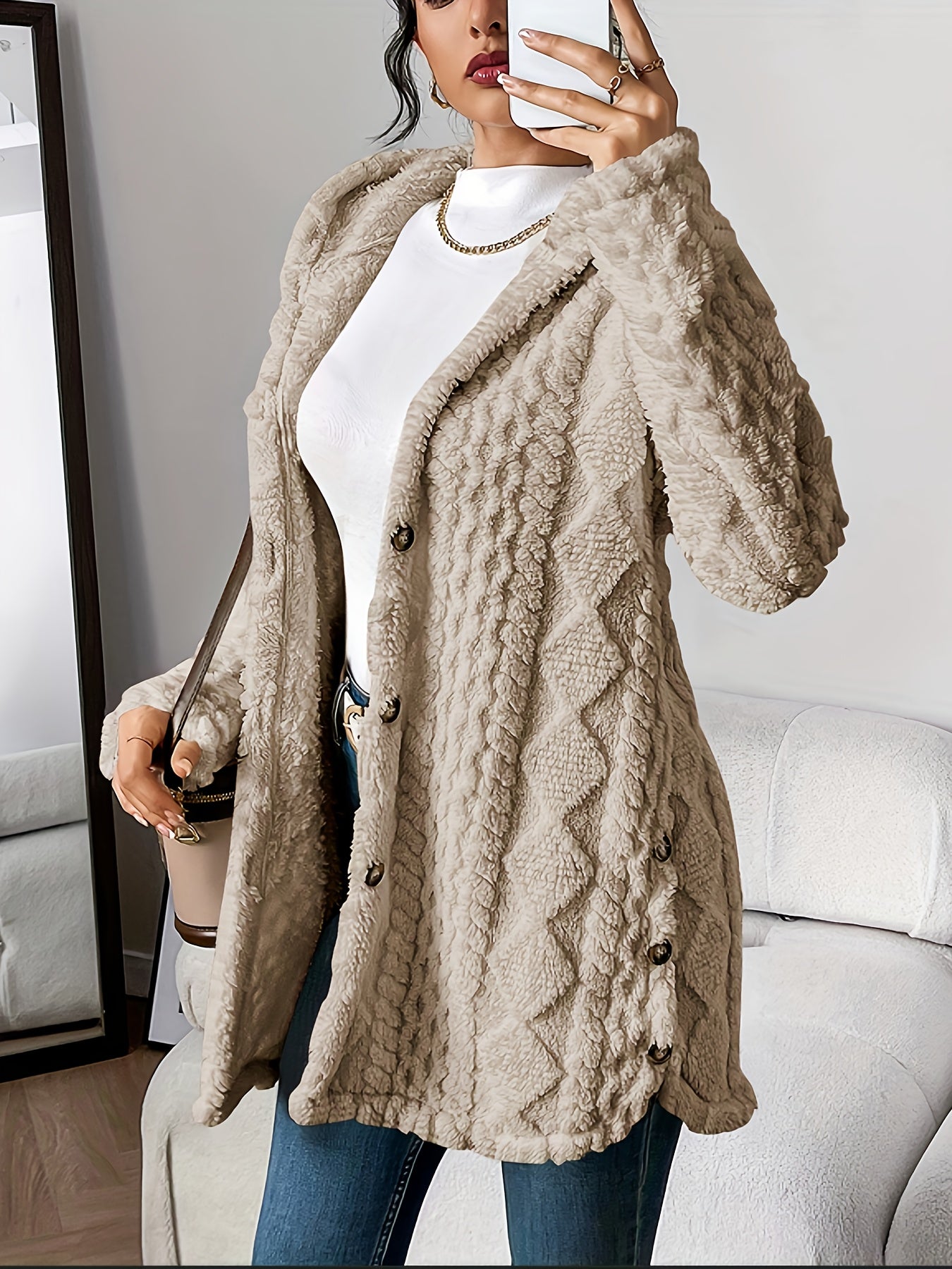 Jacquard Plush Hooded Cardigan – Autumn & Winter Warmth