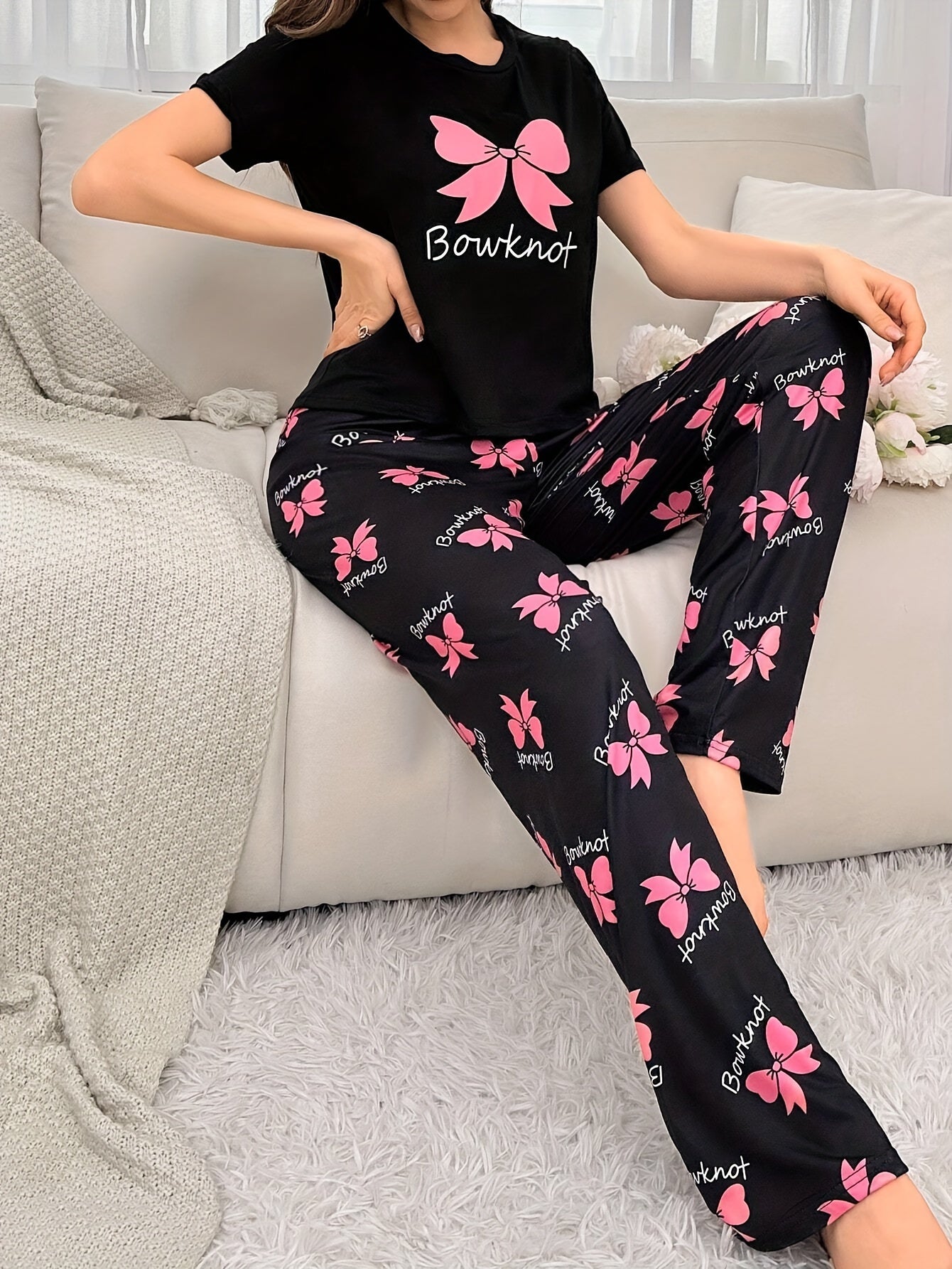 Women’s Bowknot Print Pyjamas – Short Sleeve Set