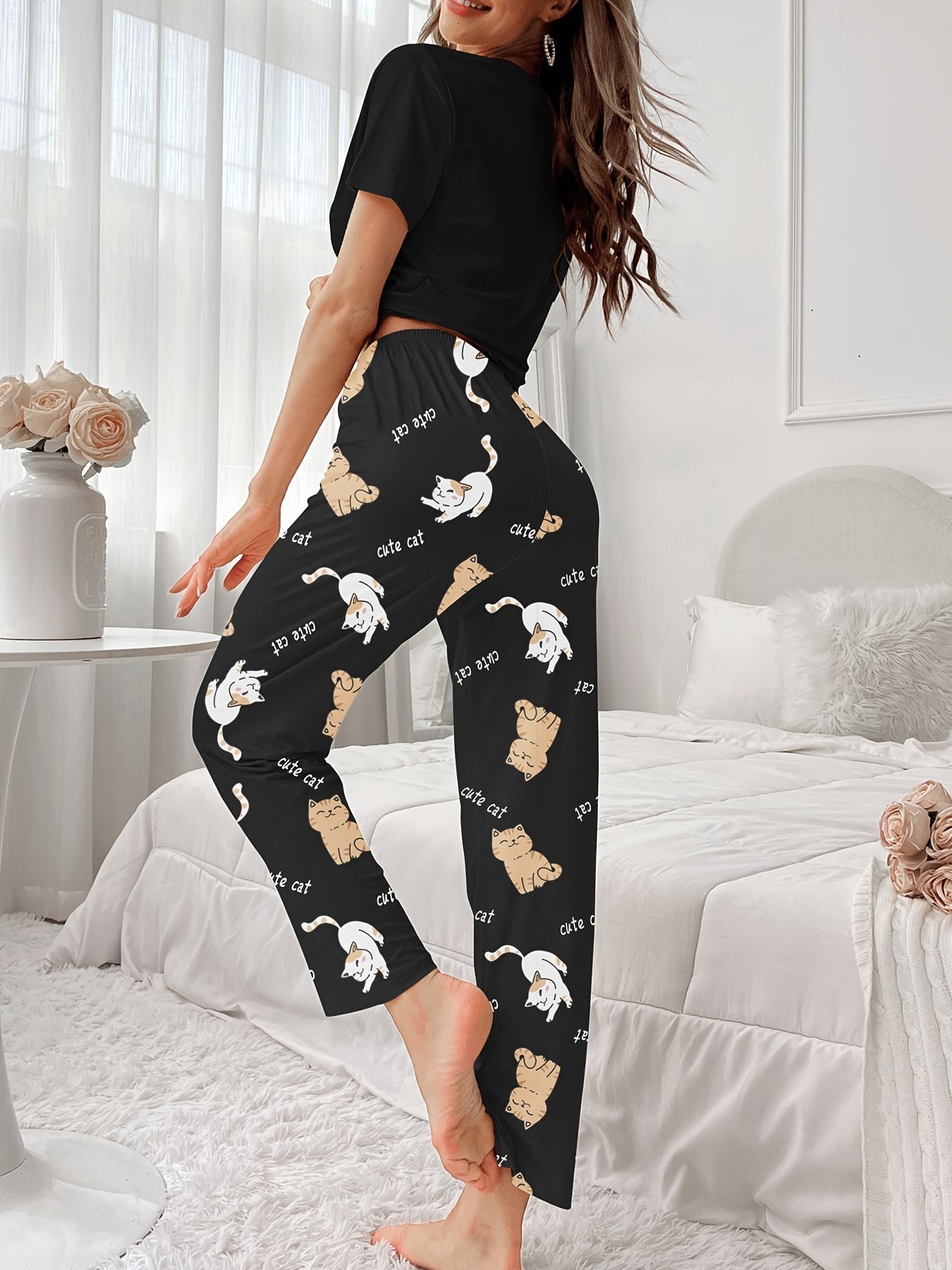 Women’s Cat Print Pyjamas – Short Sleeve Set