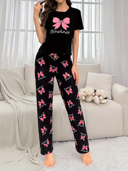 Women’s Bowknot Print Pyjamas – Short Sleeve Set