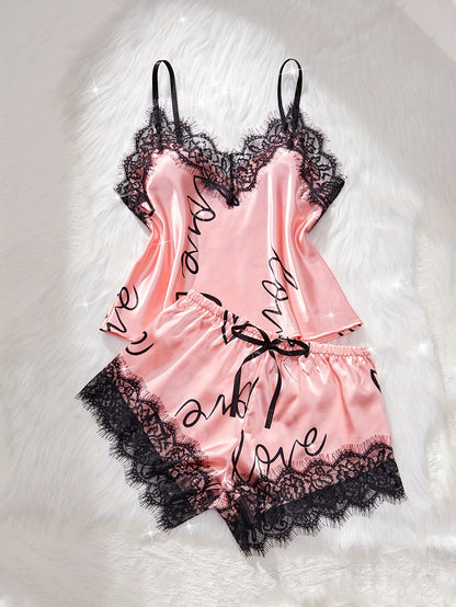 Women’s Satin Lace Pyjama Set – Cami Top & Shorts