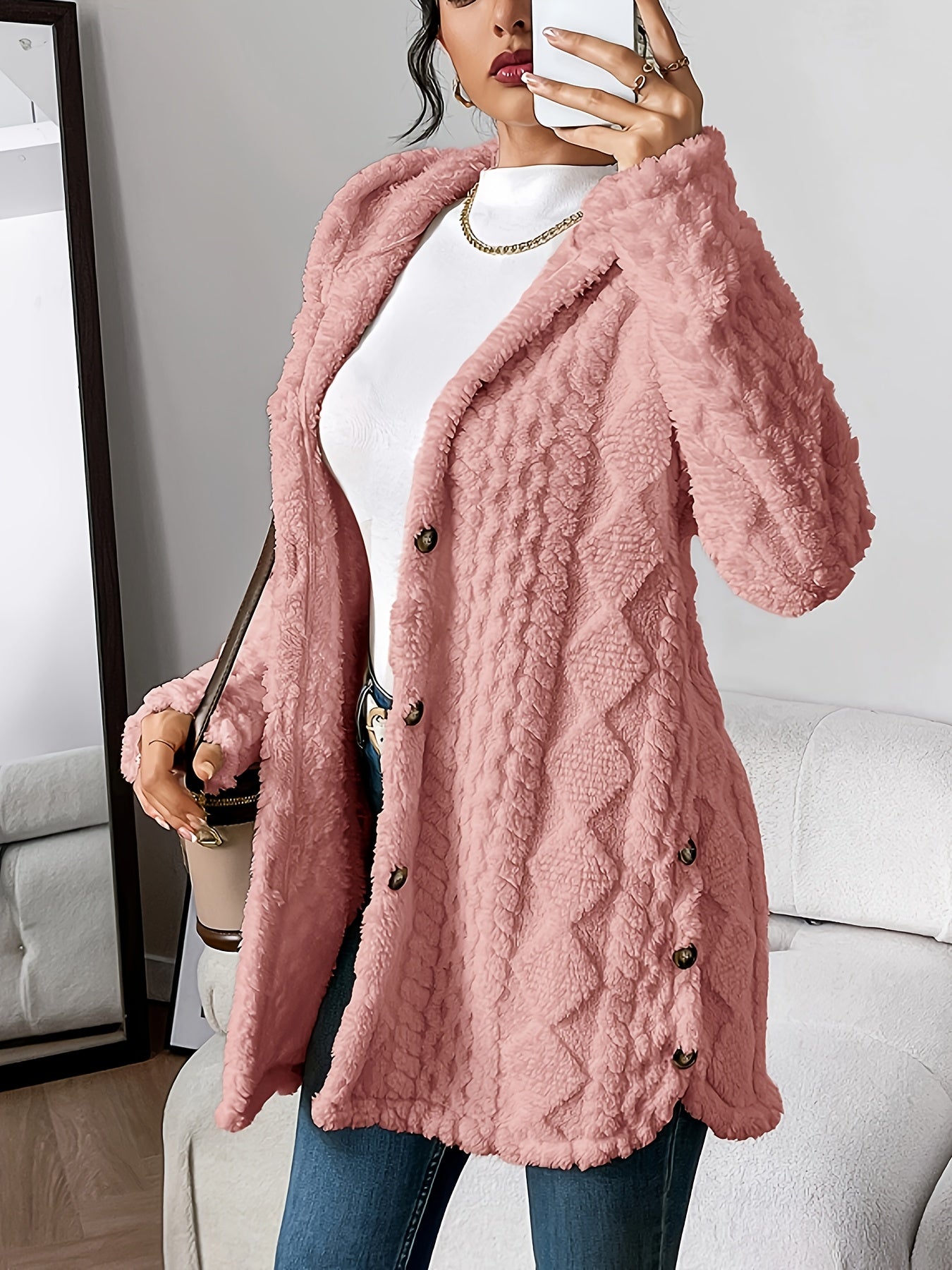 Jacquard Plush Hooded Cardigan – Autumn & Winter Warmth