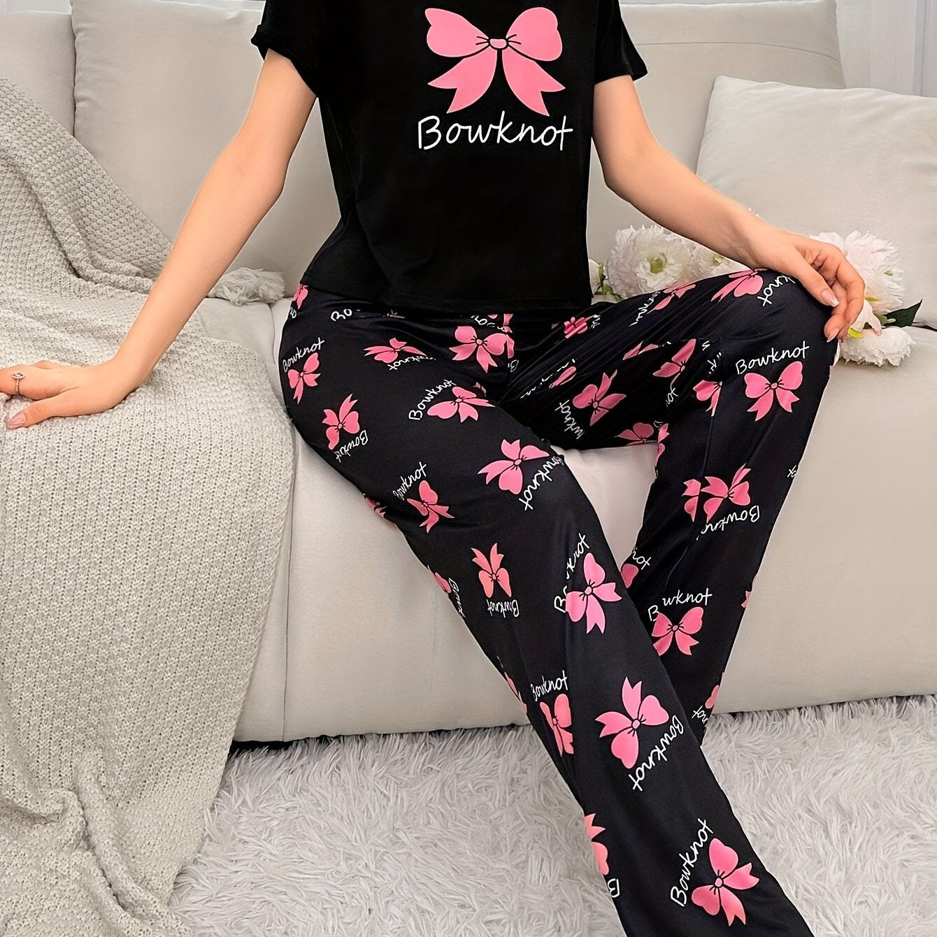 Women’s Bowknot Print Pyjamas – Short Sleeve Set