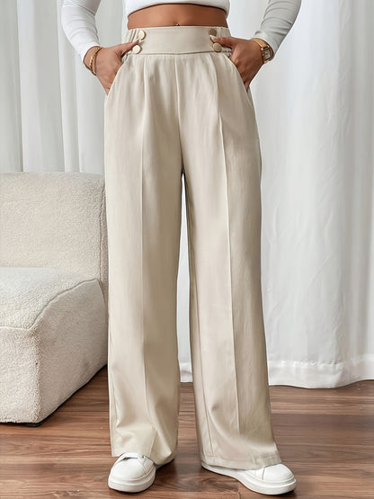 High-Waisted Wide Leg Tailored Trousers with Button Detail