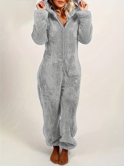 Women’s Fleece Pyjama Jumpsuit – Hooded Zip-Up Onesie
