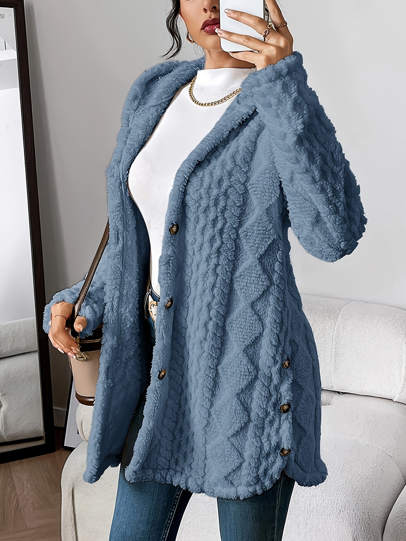 Jacquard Plush Hooded Cardigan – Autumn & Winter Warmth