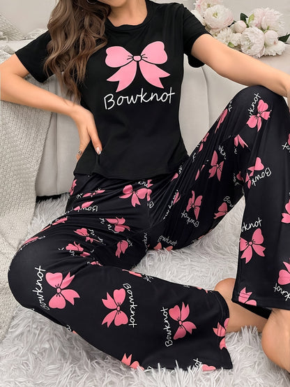 Women’s Bowknot Print Pyjamas – Short Sleeve Set