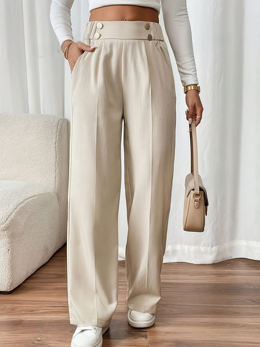 High-Waisted Wide Leg Tailored Trousers with Button Detail