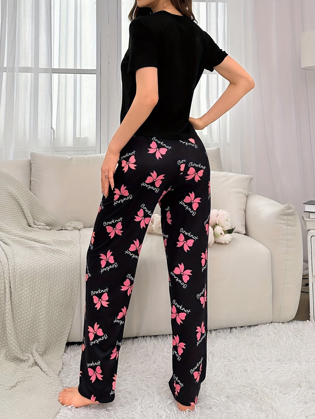 Women’s Bowknot Print Pyjamas – Short Sleeve Set