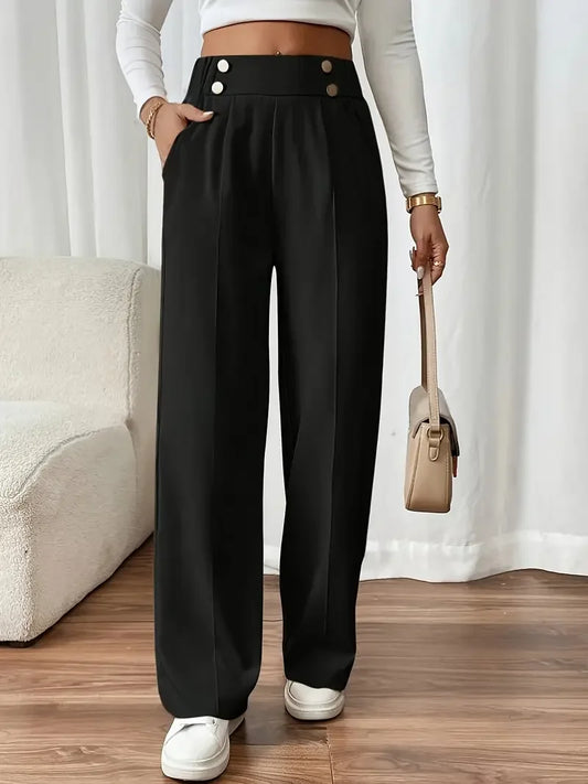 High-Waisted Wide Leg Tailored Trousers with Button Detail