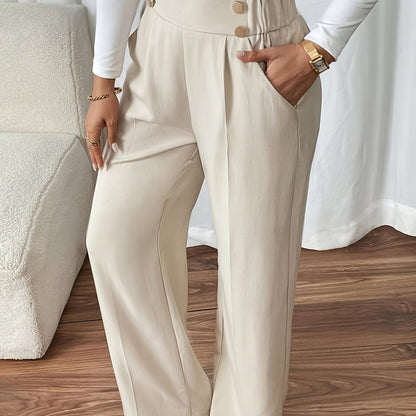 High-Waisted Wide Leg Tailored Trousers with Button Detail