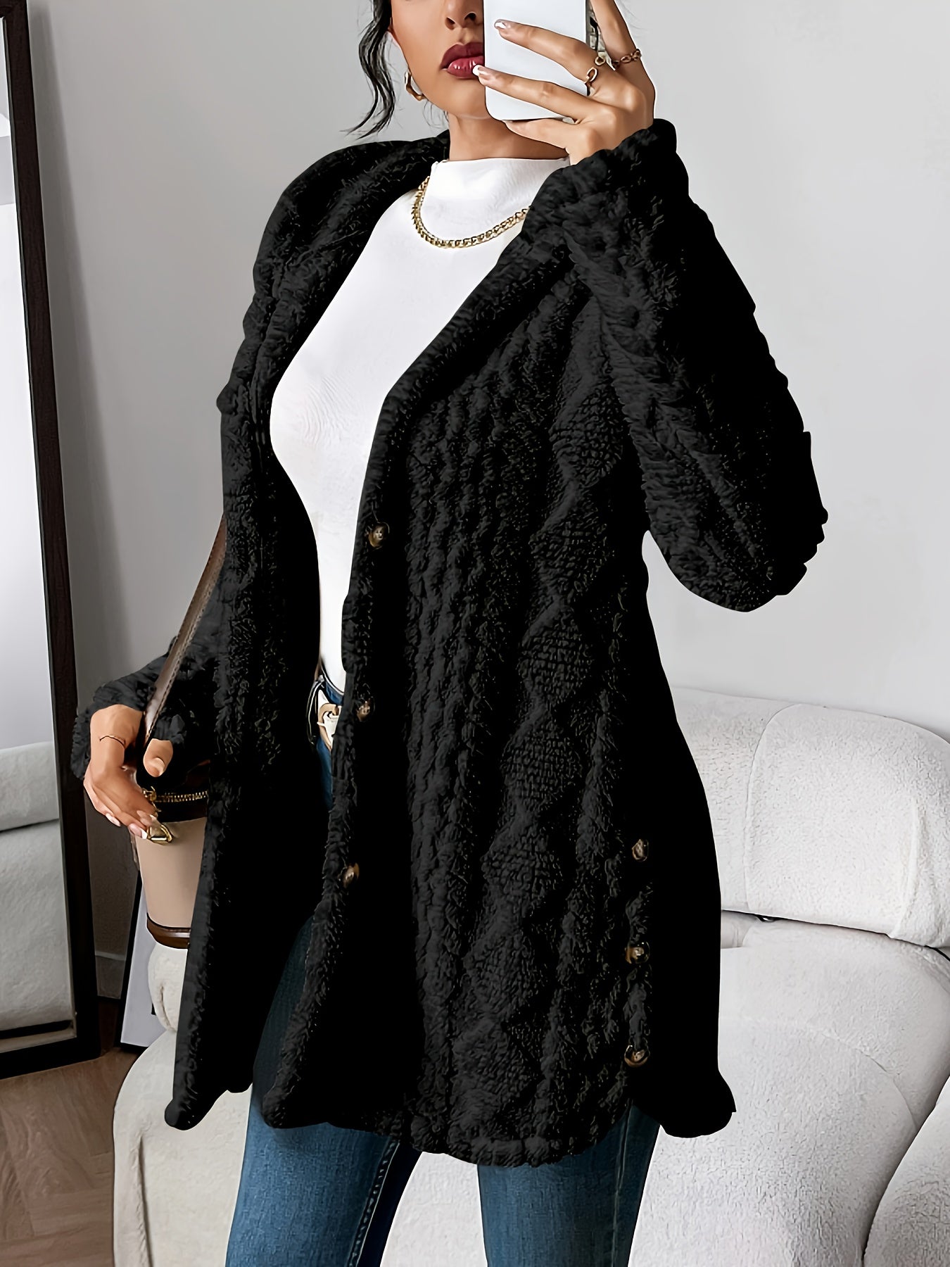 Jacquard Plush Hooded Cardigan – Autumn & Winter Warmth