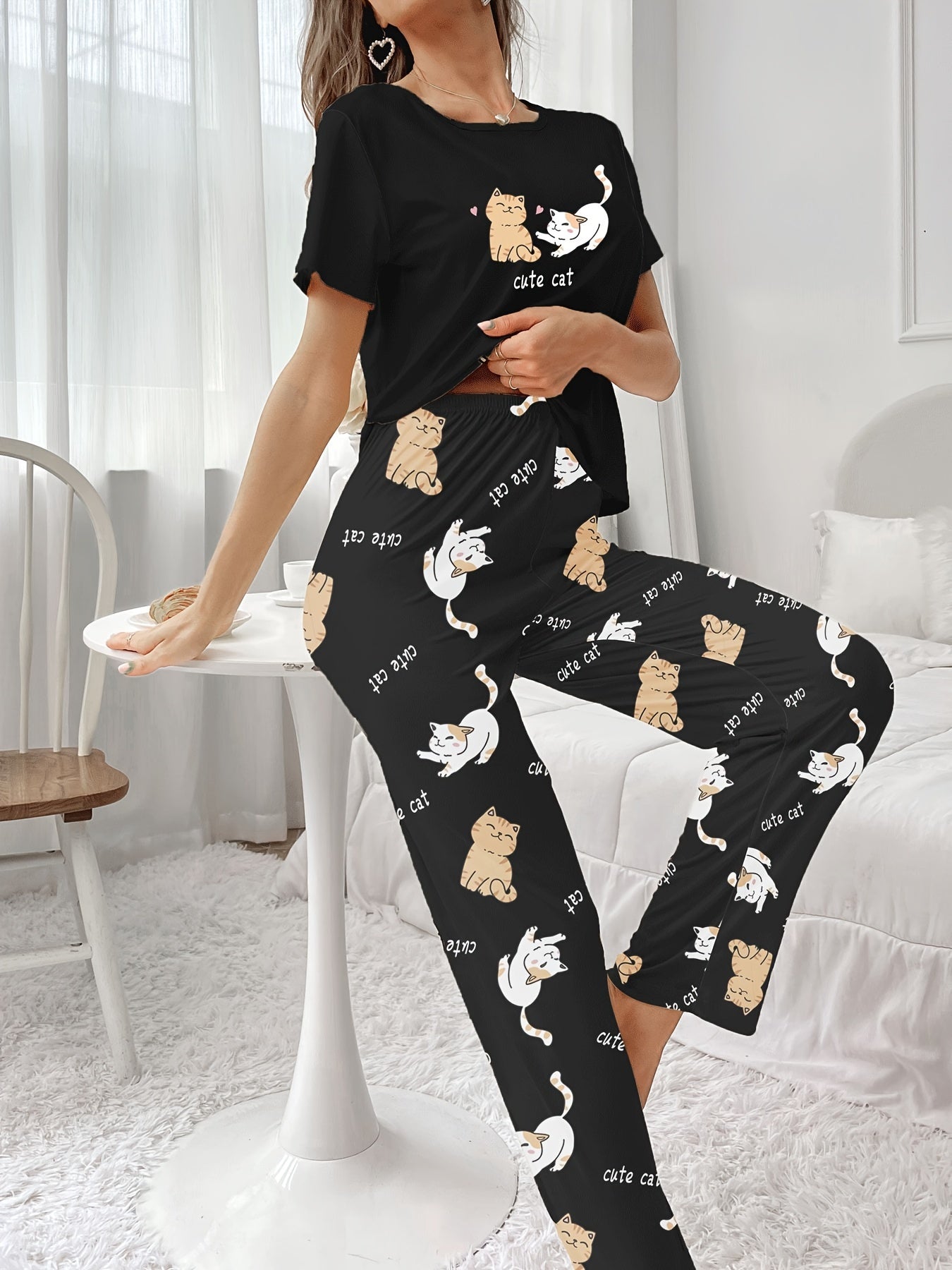 Women’s Cat Print Pyjamas – Short Sleeve Set