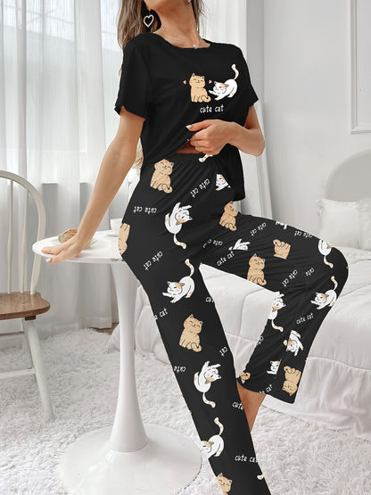 Women’s Cat Print Pyjamas – Short Sleeve Set