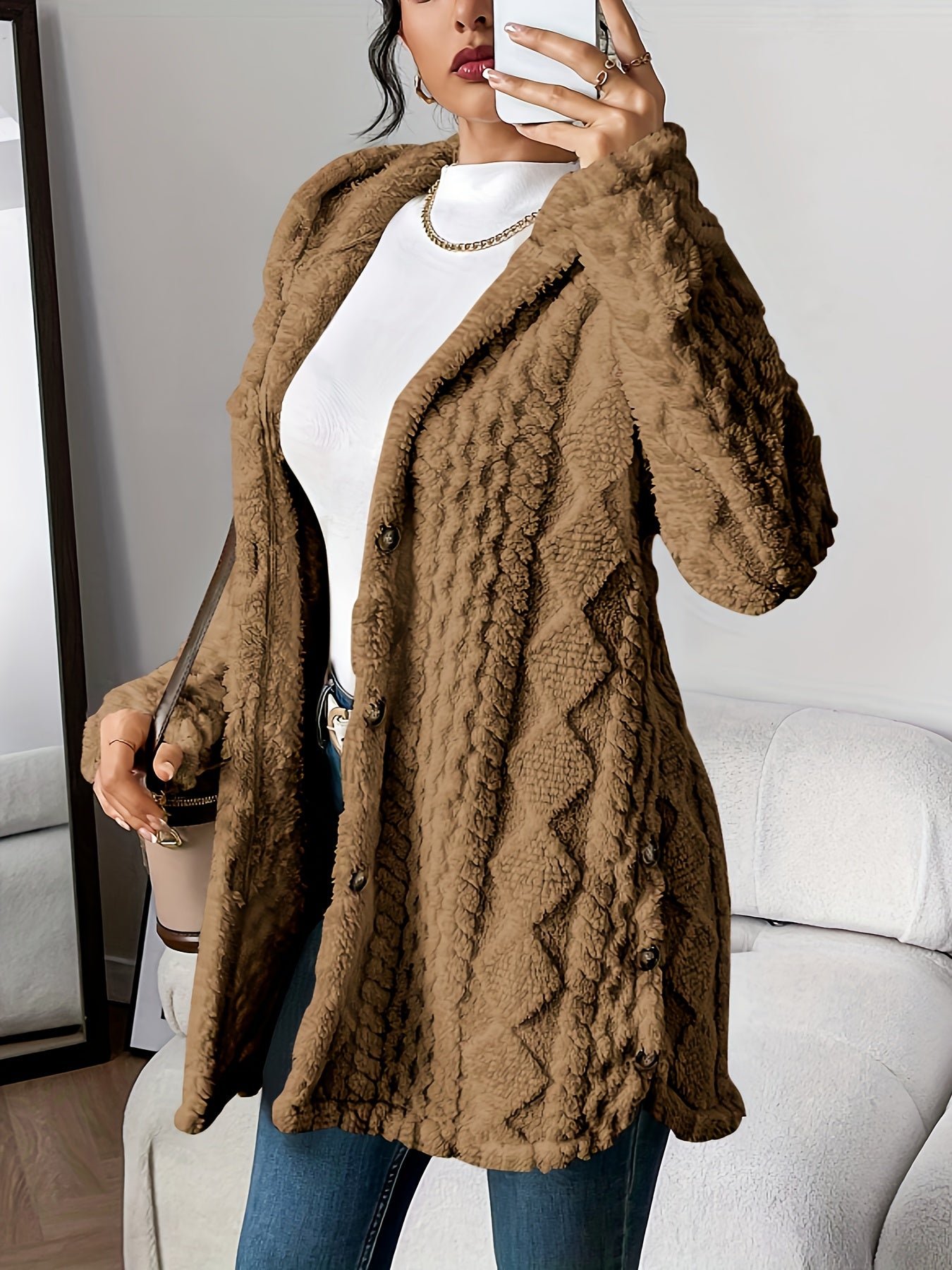 Jacquard Plush Hooded Cardigan – Autumn & Winter Warmth