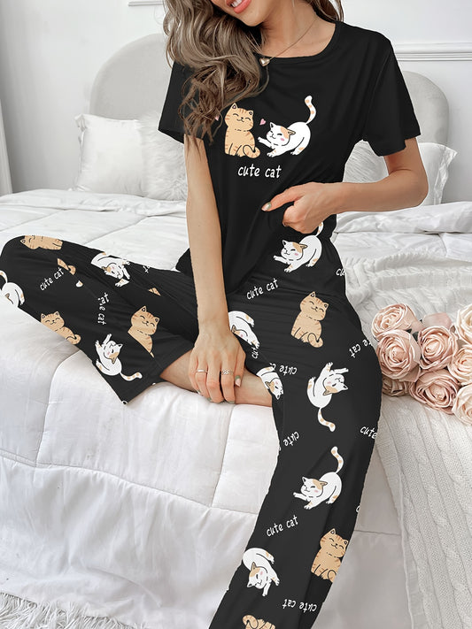 Women’s Cat Print Pyjamas – Short Sleeve Set