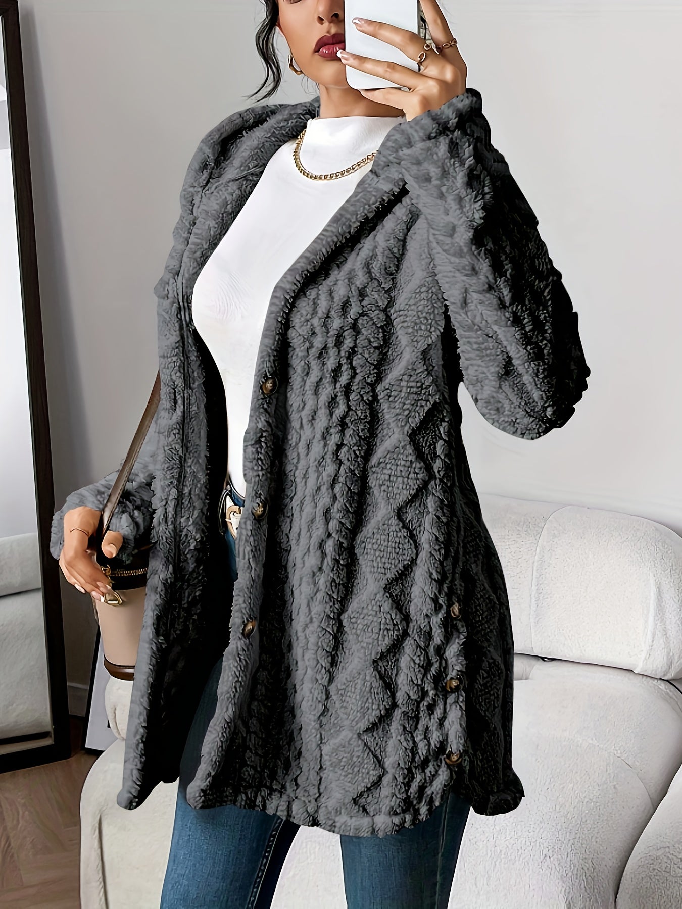 Jacquard Plush Hooded Cardigan – Autumn & Winter Warmth