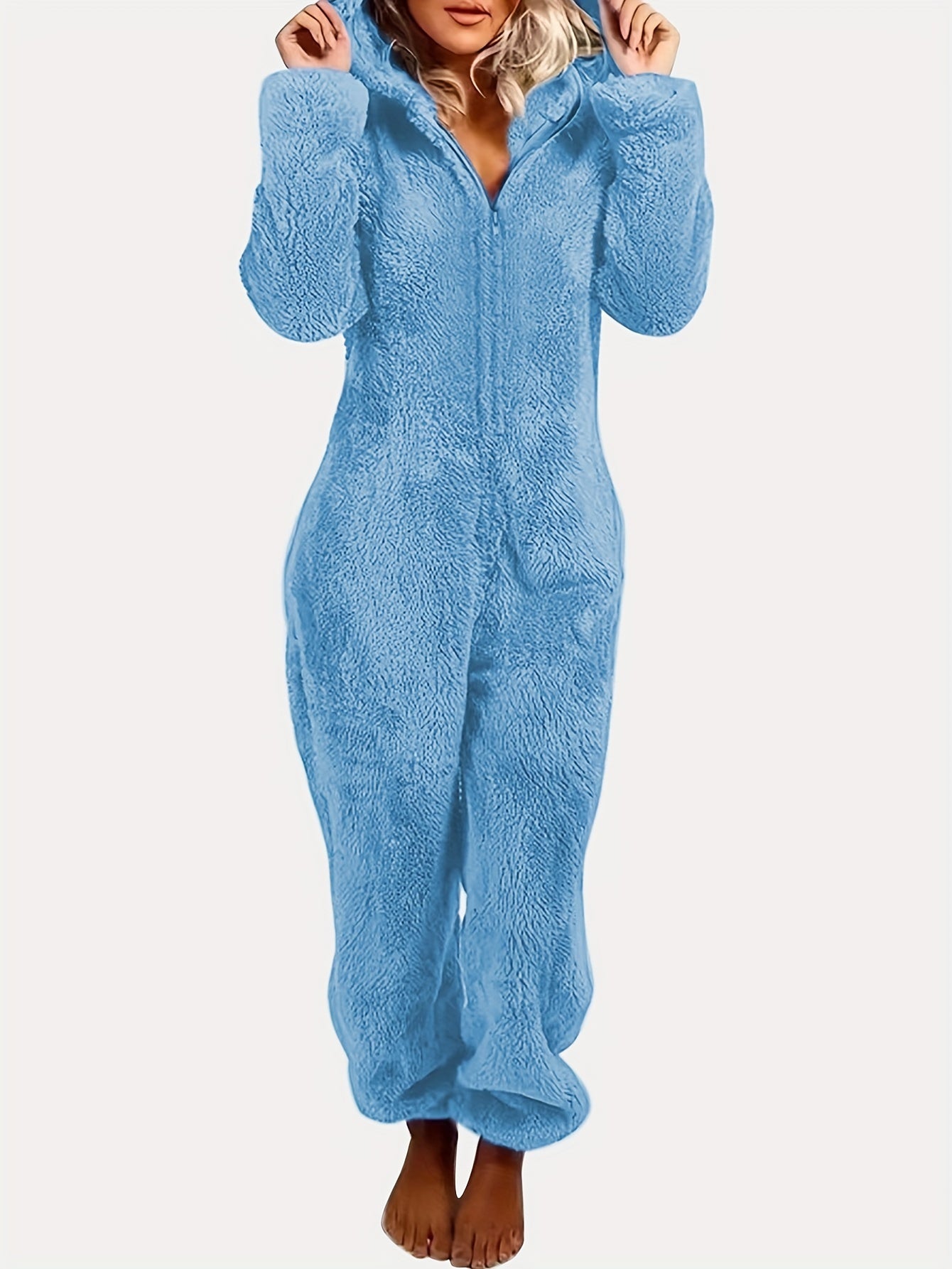 Women’s Fleece Pyjama Jumpsuit – Hooded Zip-Up Onesie