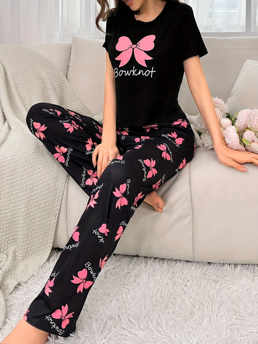 Women’s Bowknot Print Pyjamas – Short Sleeve Set